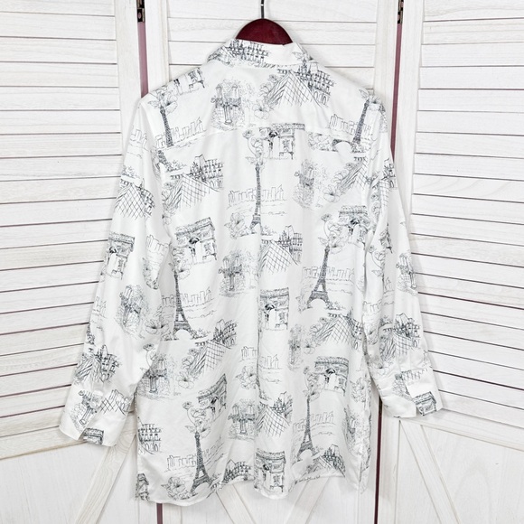 Chico’s Paris Eiffel Tower Print Button Front Tunic Shirt White Black XL 3 - Picture 8 of 12